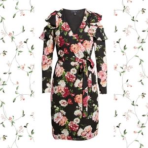 NWT Black Floral Cold Shoulder Ruffle Wrap Dress!